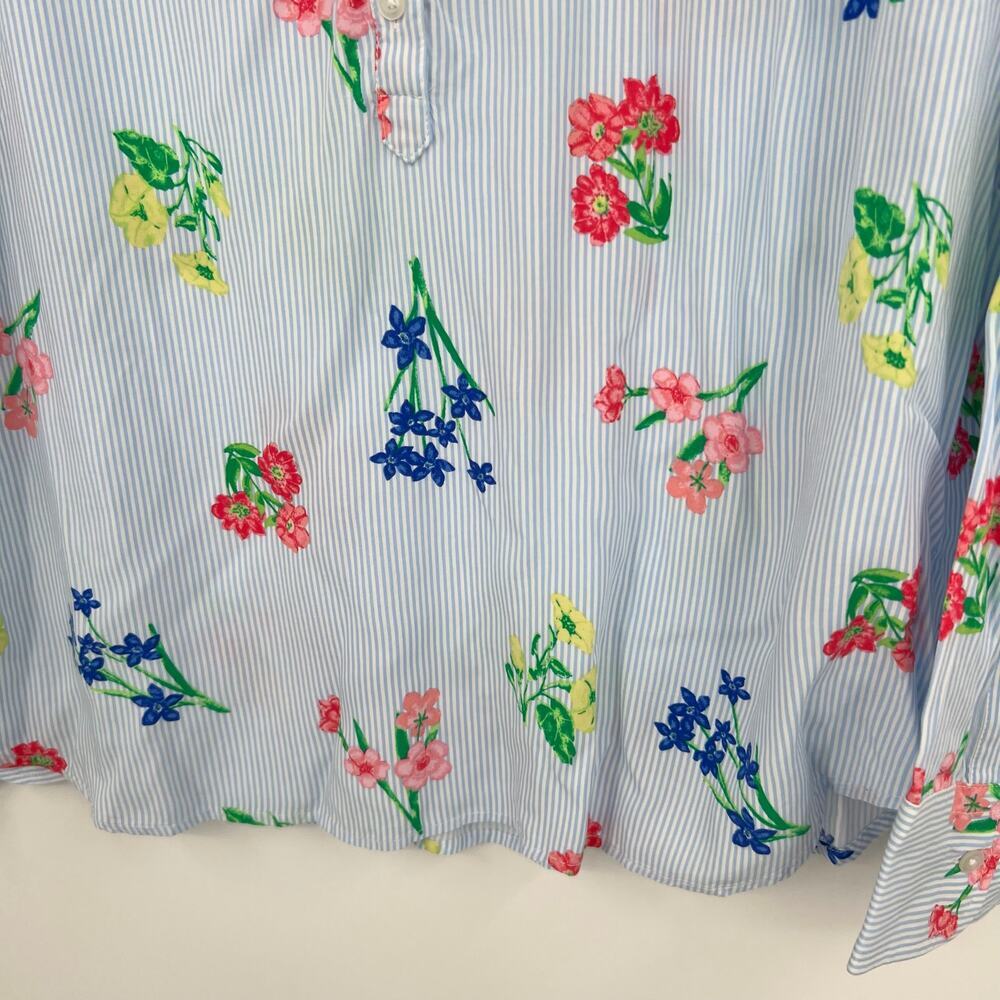 Talbots Blue & White Stripe Floral Popover 1/2 Button Blouse Long Sleeve small - Picture 5 of 7